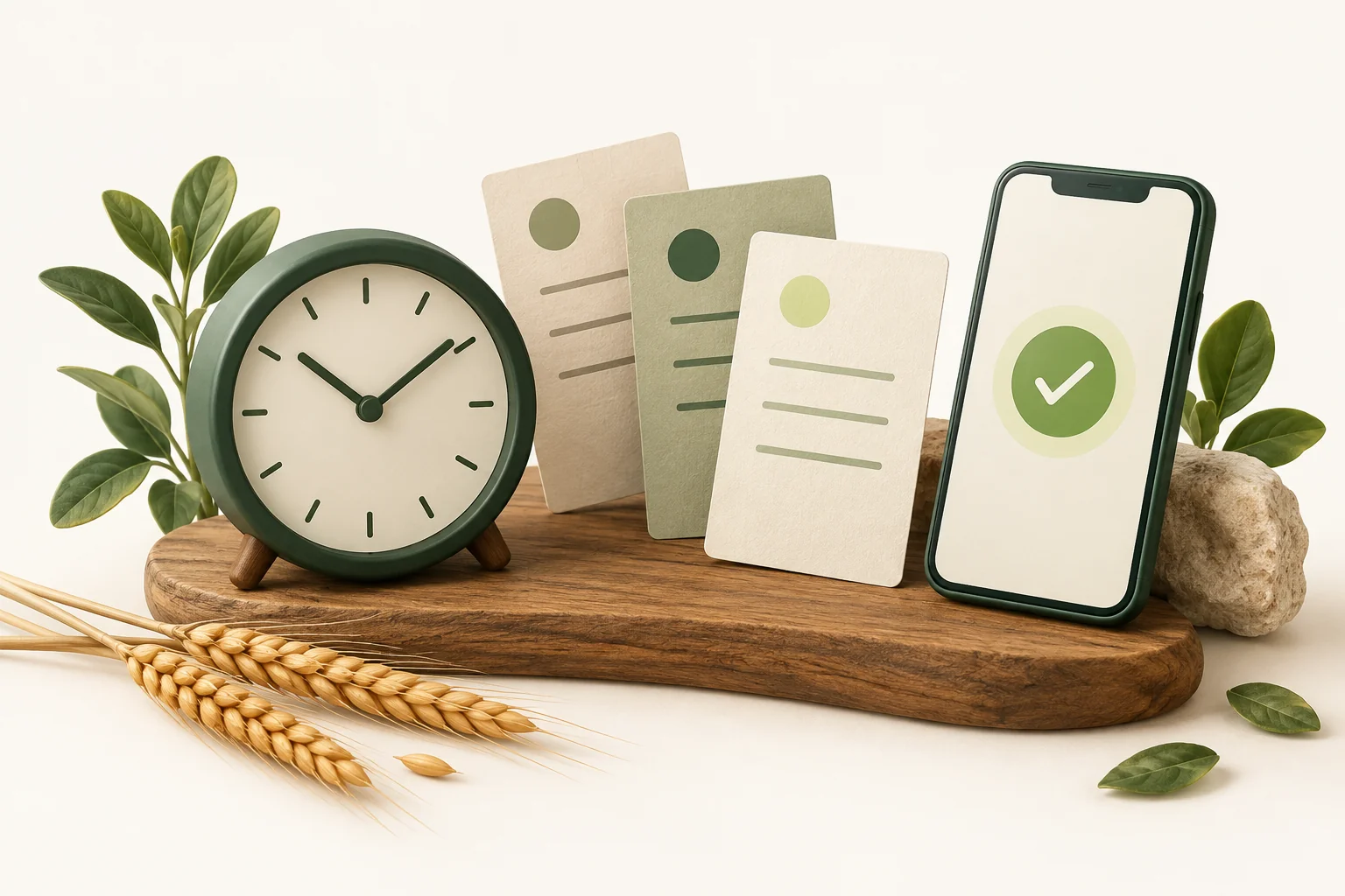 Concept illustration: a clock, time cards and a phone check-in
