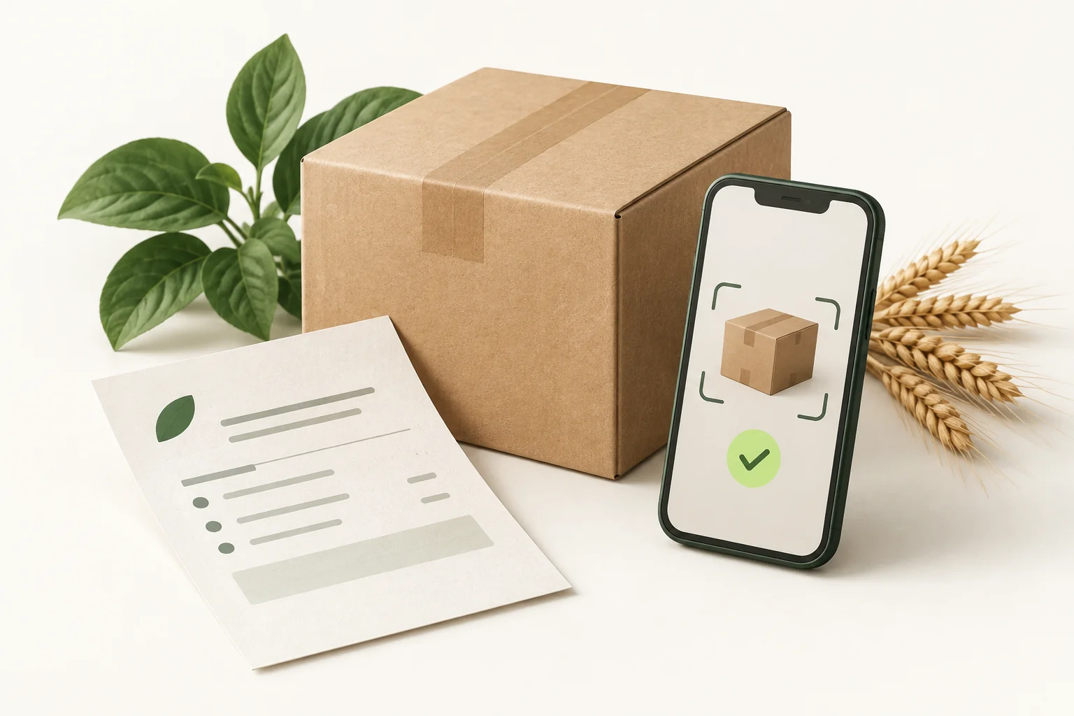 Concept illustration: a carton with a packing slip and a phone photo record