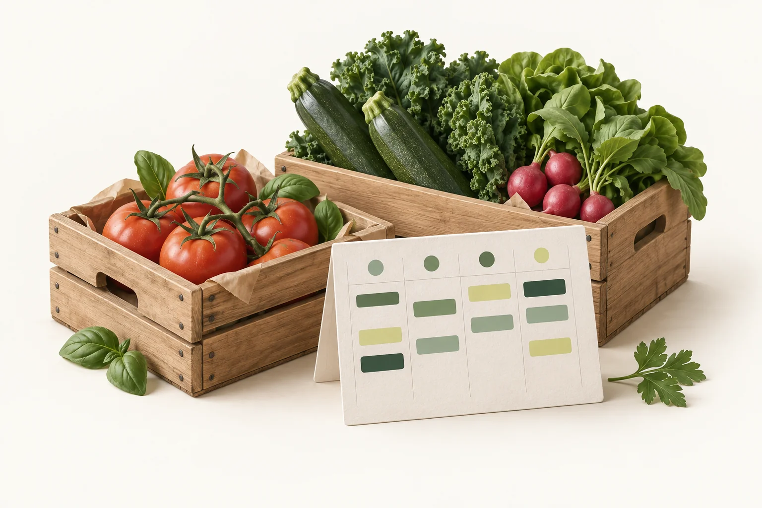 Concept illustration: produce crates and a market planning card