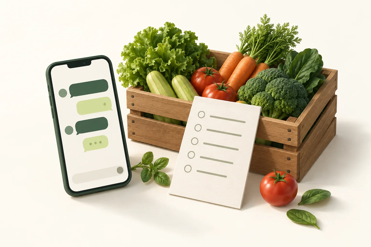 Concept illustration: a message order, paper pick list and produce crate